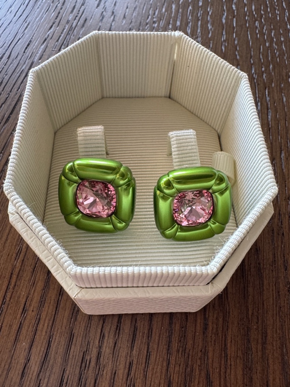Swarovski Green Cushion-Style Earrings with Pink Crystal Centers.